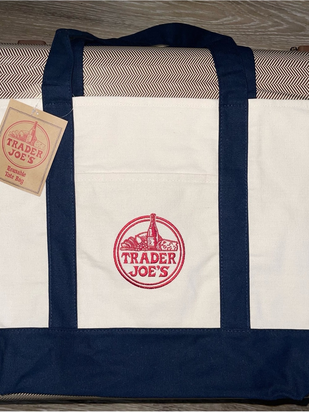 Trader Joe's White and Navy Reusable Tote Bag